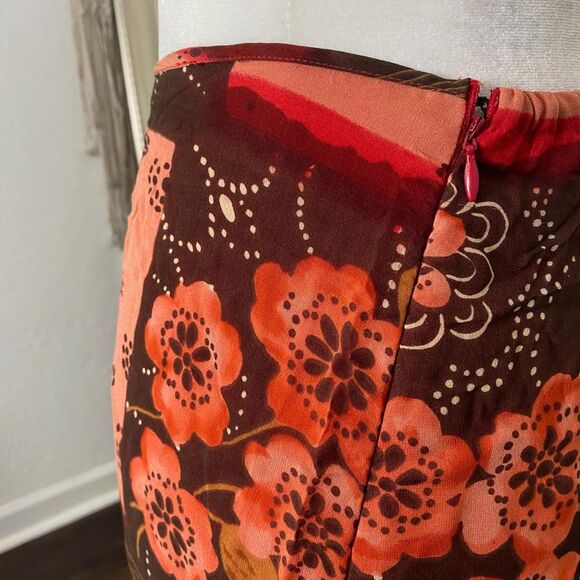 Orange Brown Red Fairy Floral Patchwork Silk Midi Skirt Plus Size 18 W - Picture 4 of 6